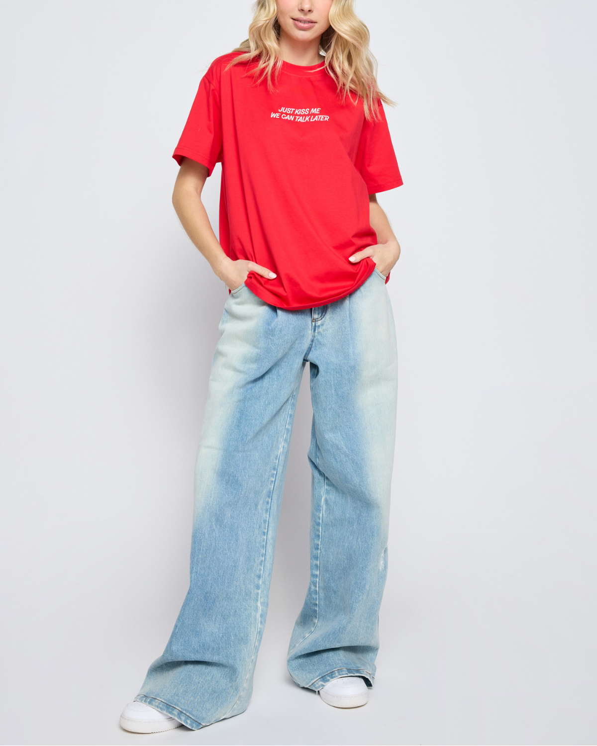 Sweethearts Just Kiss Me Oversized Tee, Red