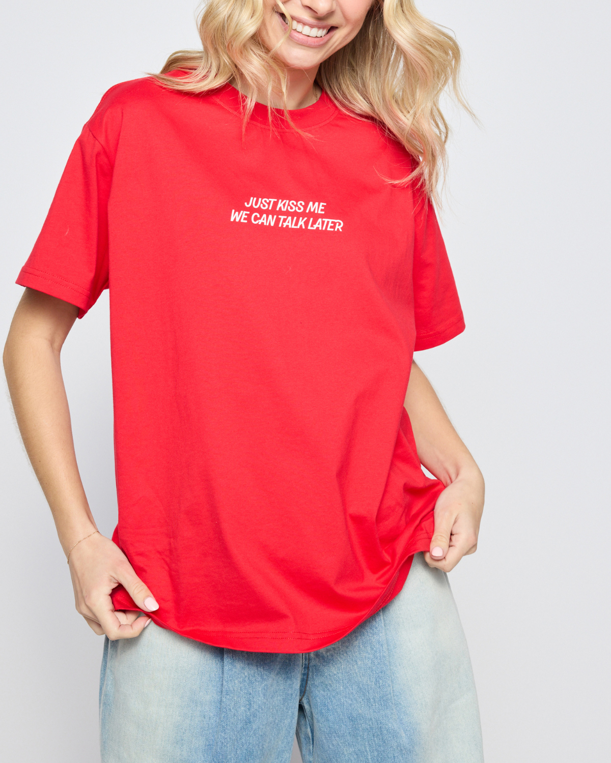Sweethearts Just Kiss Me Oversized Tee, Red