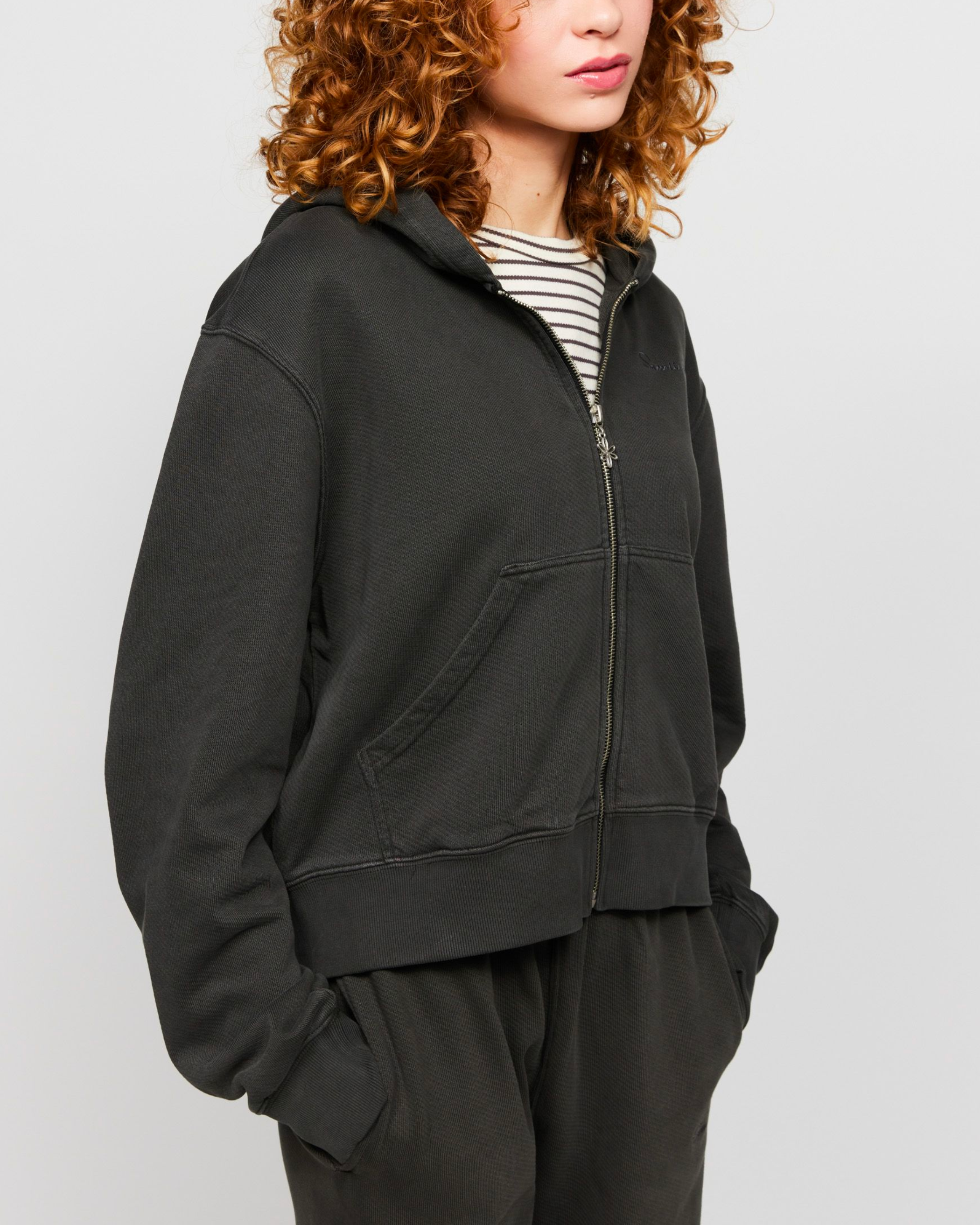 Black Stone Wash Zip-Up Hoodie