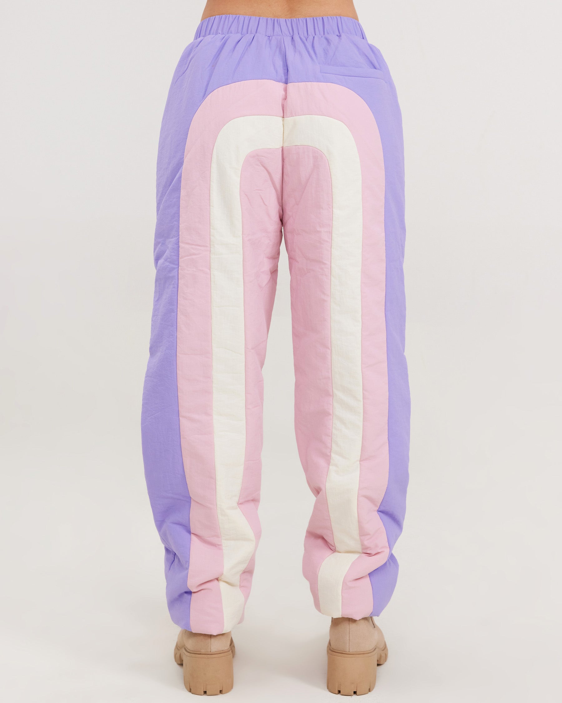 pink purple tan puffer pant