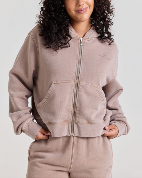 Stone Wash Zip Up Hoodie, Taupe – Samii Ryan