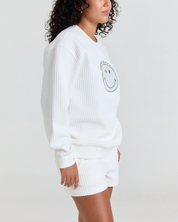 Smiley® Flourish Waffle Crewneck, White