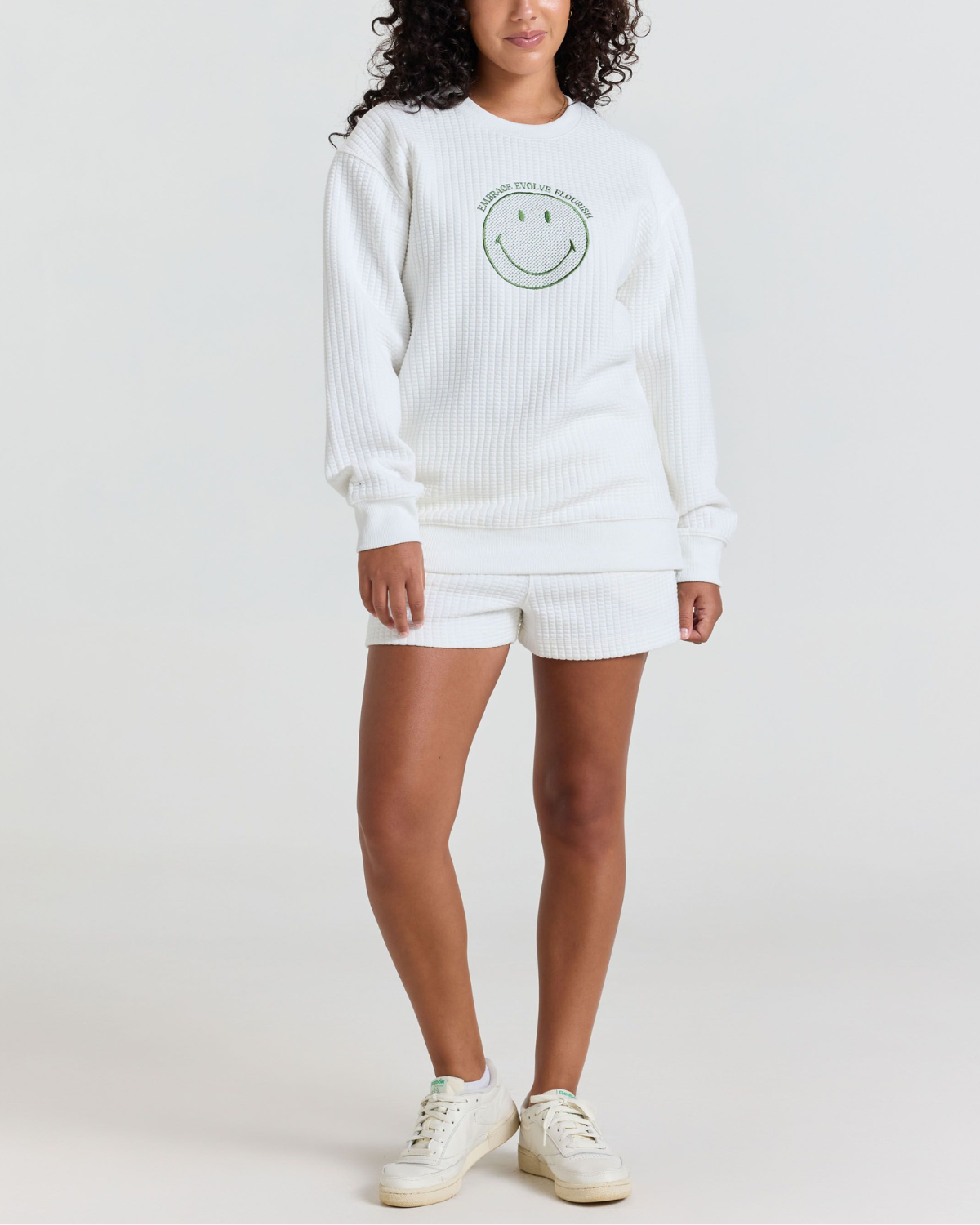 Smiley® Flourish Waffle Crewneck, White