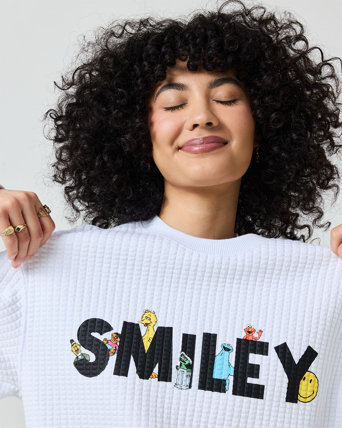 Sesame Street Smile Through It Waffle Crewneck, White
