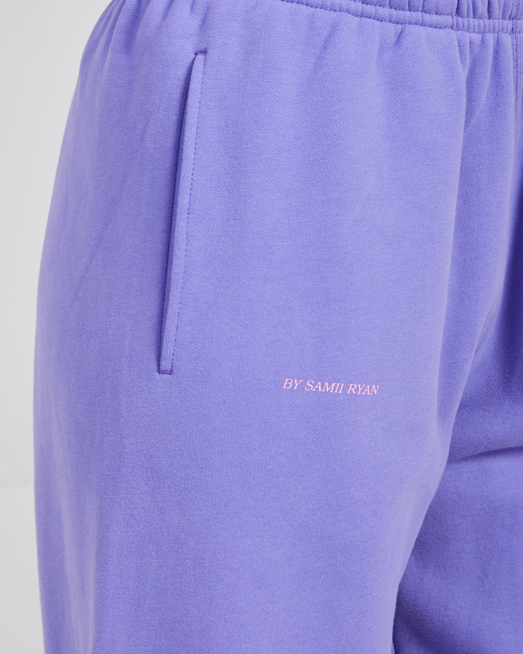 purple sweatpants with evolving graphic