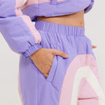 pink purple tan puffer pant