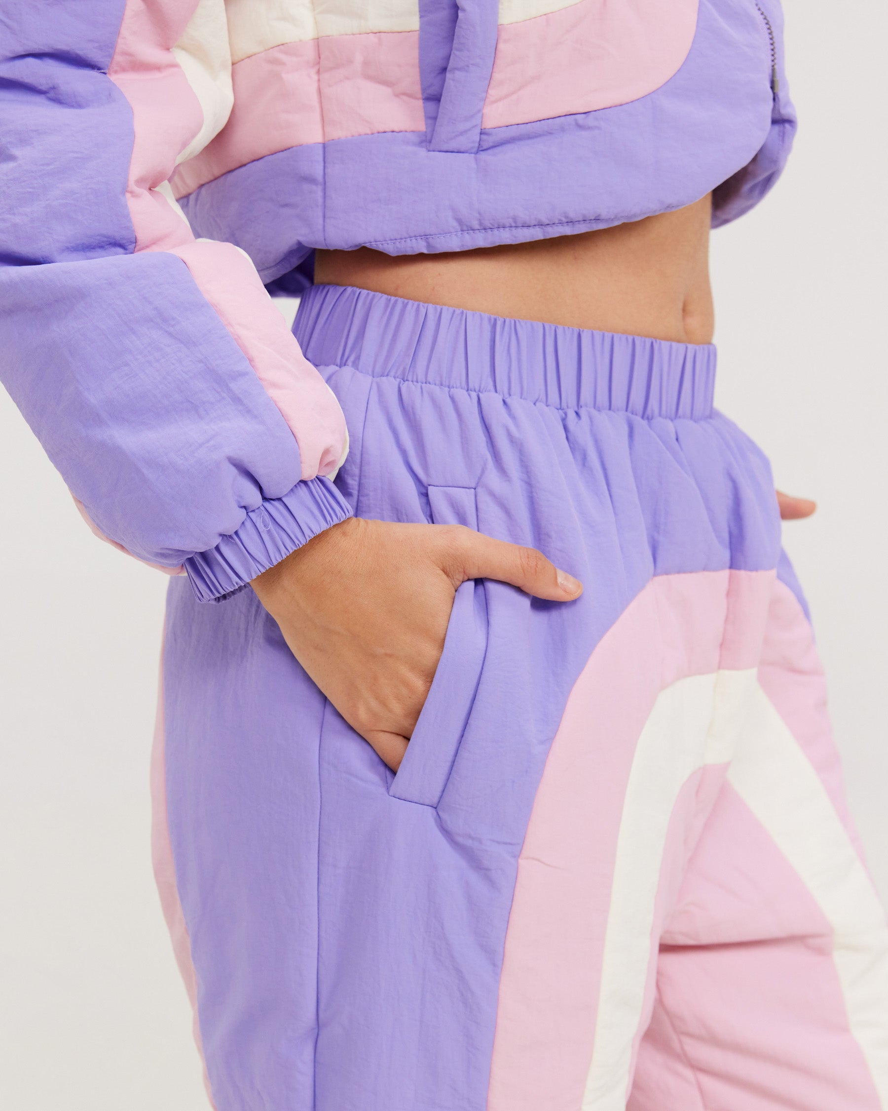 pink purple tan puffer pant