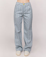 checkered pants with smiley face patch