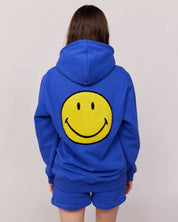 blue smiley hoodie with patches